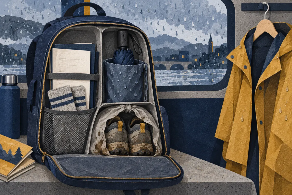 Ilustracja plecaka z oddzielnie zapakowanymi dokumentami, mokrym parasolem i zabłoconymi butami.
